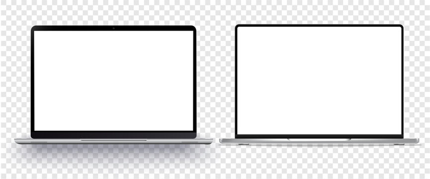 A set of realistic laptops with blank screens isolated on a white background. Laptop front view, well suited for product presentation. Stock vector illustration.