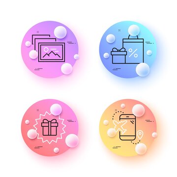 Photo album, Surprise gift and Flight destination minimal line icons. 3d spheres or balls buttons. Shopping icons. For web, application, printing. Image gallery, Shopping offer, Airplane trip. Vector