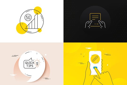 Minimal set of Education idea, 5g wifi and Brand contract line icons. Phone screen, Quote banners. Receive file icons. For web development. Quick tips, Wireless signal, Edit report. Vector