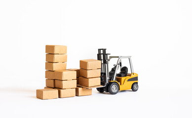Industry and business transportation with forklift loading product box.economy with demand and supply concepts.