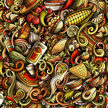 Mexican Food hand drawn doodles seamless pattern.