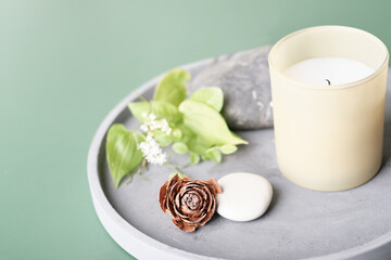 green candle made of organic soy wax on a concrete tray with plant leaves and natural decor. house fragrances. aromatherapy relaxing scents.