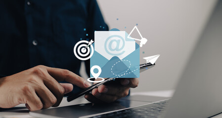 The concept of email marketing. advertising medium, customers to target, messages to deliver,...