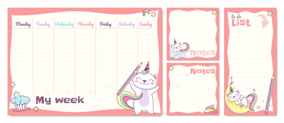 Flat school timetable template for pupil kids with cute unicorn cat character. Children schedule with notes and to do list. Weekly and daily planner, week organizer with magic caticorn on moon, cloud.