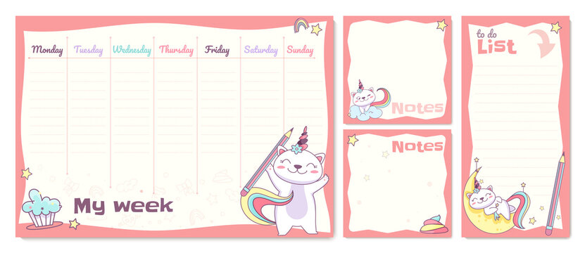 Flat school timetable template for pupil kids with cute unicorn cat character. Children schedule with notes and to do list. Weekly and daily planner, week organizer with magic caticorn on moon, cloud. - Powered by Adobe