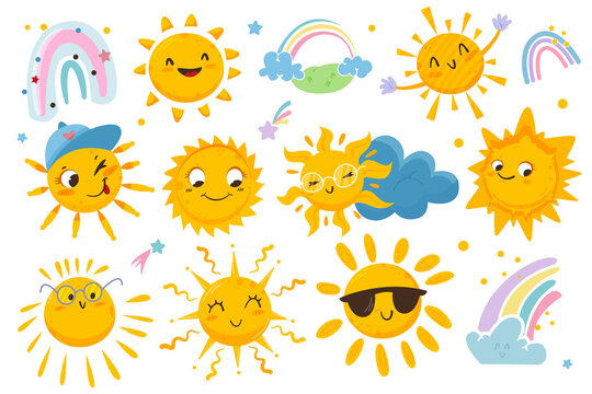 Cute sun flat vector stickers set with happy emotions, clouds and colorful rainbow. Funny characters in sunglasses, cap for kids. Cartoon sunny smiley icons. Yellow suns with positive expression faces