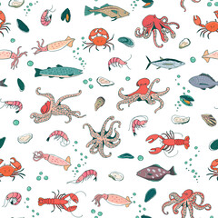 Ocean life: octopus, crab, lobster, squid, shrimp, oyster, mussels, fish vector seamless pattern.