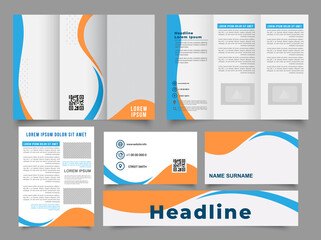 Tri fold wave brochure layout. Blue and orange flyer. For design and print. Collection of folded brochures, annual report, business card. For printing, A4 magazine cover. .