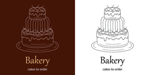 Vector illustration of tasty chocolate and cherry cake, isolated. 
Background for bakery products, sweet shops, and cake stores.