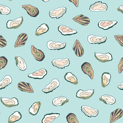 Oysters sea food vector seamless pattern