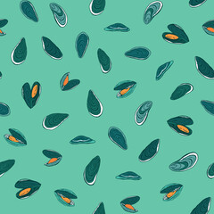 Mussels sea food vector seamless pattern