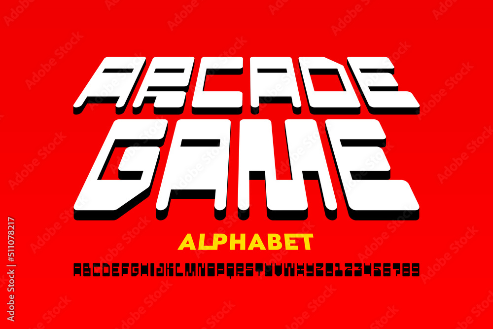 Poster arcade game retro style font design, alphabet letters and numbers vector illustration