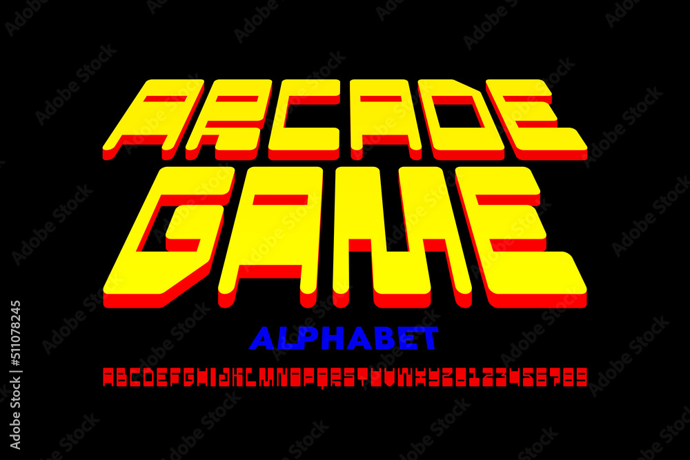 Poster arcade game retro style font design, alphabet letters and numbers vector illustration