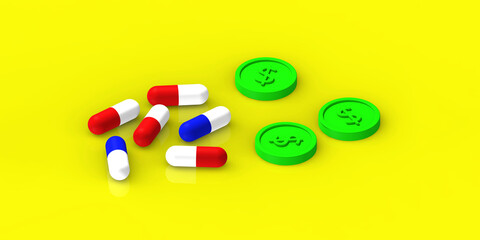 red and blue capsules lie on a yellow background with reflection. there are green coins nearby. expensive medicine. medication. Horizontal image. 3D rendering. 3D image