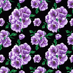 Handdrawn anemone seamless pattern. Watercolor purple flowers with green leaves on the black background. Scrapbook design, typography poster, label, banner, textile.