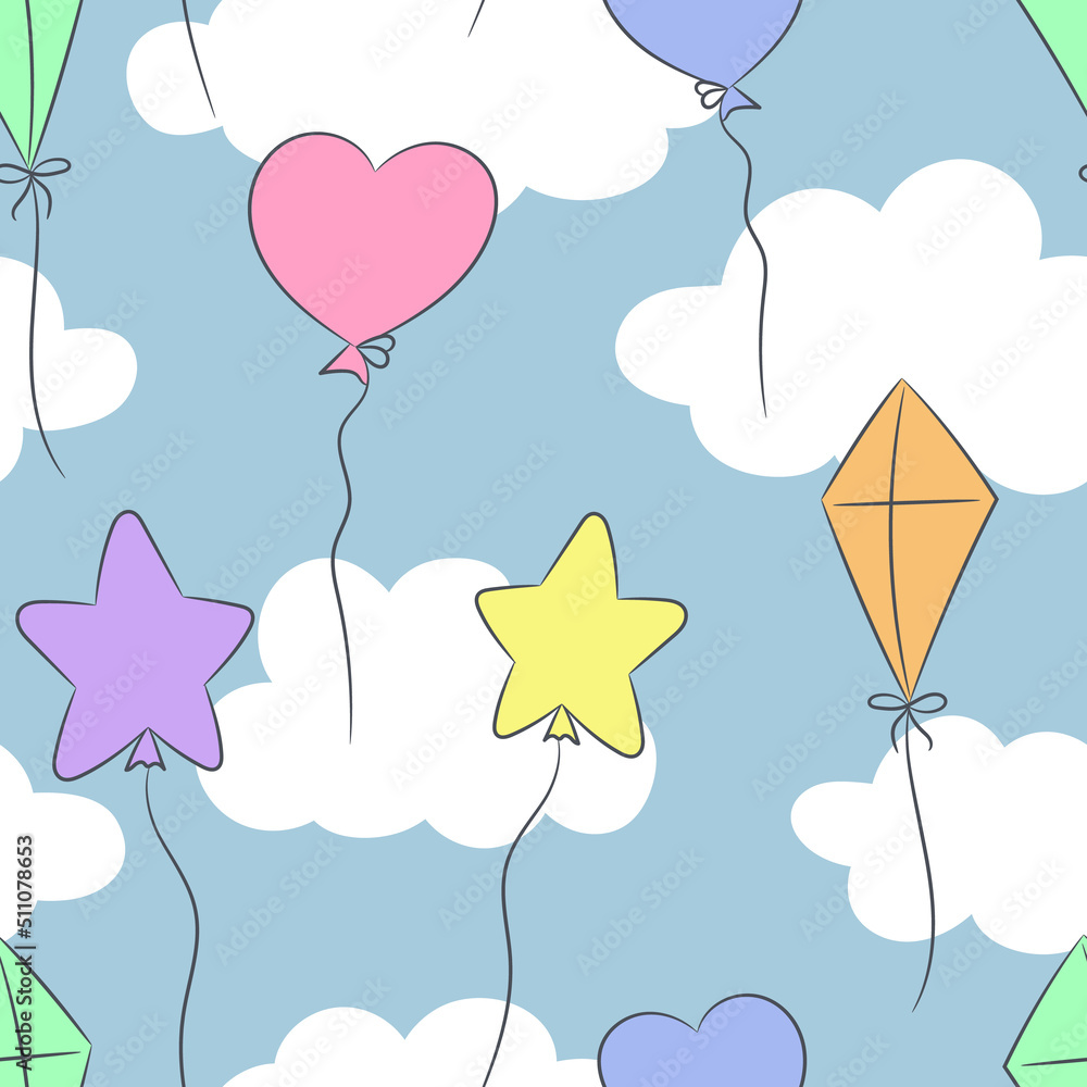 Poster seamless vector pattern with clouds and balloons