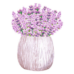 Handdrawn lavender flowers. Watercolor purple lavender in a pot. Scrapbook design, typography poster, label, banner, card.