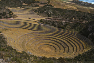 Fototapeta na wymiar Moray en un centro arqueológico que se encuentra en cusco y esta formado por andenes circulares.