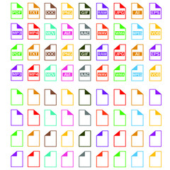 Symbol set file formats. Set of Document File Formats icons. File extensions diverse icons set isolated. Vector illustration.
