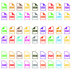 Symbol set file formats. Set of Document File Formats icons. File extensions diverse icons set isolated. Vector illustration.
