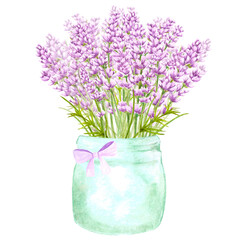 Handdrawn lavender flowers. Watercolor purple lavenderin a vase. Scrapbook design, typography poster, invitation, label, banner and card.