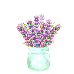 Handdrawn lavender flowers. Watercolor purple lavender in a vase. Scrapbook design, typography poster, invitation, label, banner and card.