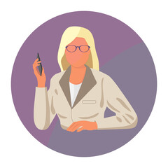 Vector Icon of Businesswoman. Image avatar woman in beige suit with glasses and smartphone on a purple background. Flat Illustration.	