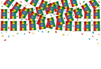 Ethiopia Union flags garland white background with confetti, Hang bunting for celebration template banner, Vector illustration