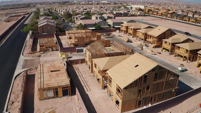 Drone aerial view of Las Vegas residence wooden houses under construction