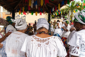 Candomble members dancing and singing at the religious festival in Bom Jesus dos Pobre district,...