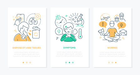Disease, symptoms and worries - line design style banners set