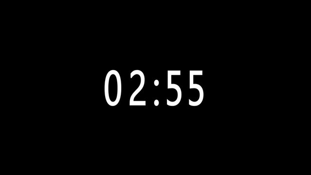 Three-minute timer countdown. Digital count up in a white background. digital timer starting on black background. Element for overlay concept. 