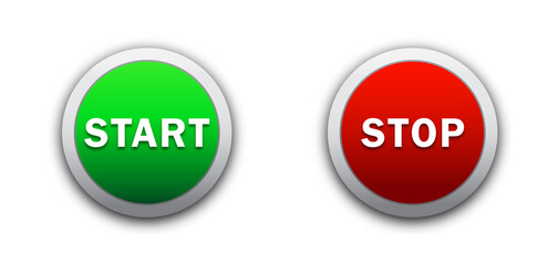 Start and stop color button. Round buttons with shadows. Flat vector illustration.