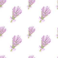 Handdrawn lavender flowers seamless pattern. Watercolor purple lavender bouquet with a bow on the white background. Scrapbook design, typography poster, label, banner, textile.