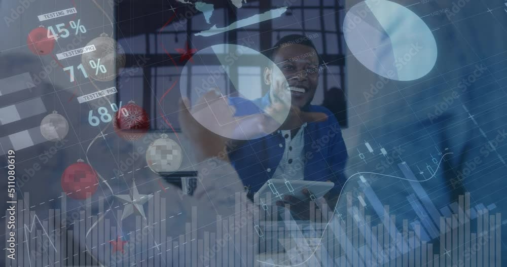 Aufkleber animation of statistics and data processing over diverse business people shaking hands