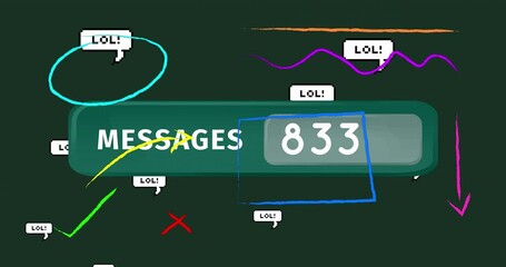 Multiple speech with lol text and abstract colorful shapes against increasing messages - Powered by Adobe