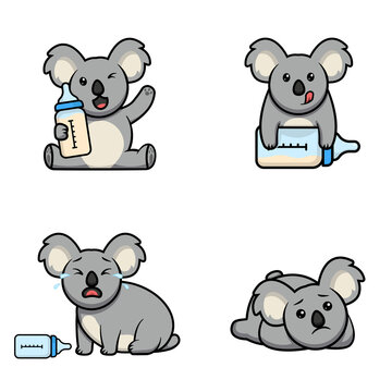 Baby koala and milk in different poses set cartoon illustration with cute expression