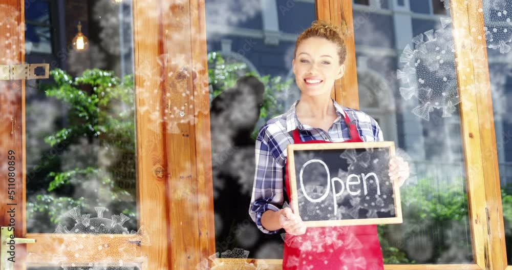 Sticker Animation of virus cells over happy caucasian waitress with open sign