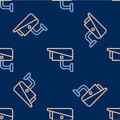 Line Security camera icon isolated seamless pattern on blue background. Vector