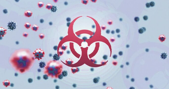 Animation of virus cells and biohazard on light violet background
