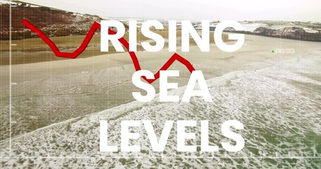 Animation of rising sea levels over financial graph and seascape - Powered by Adobe