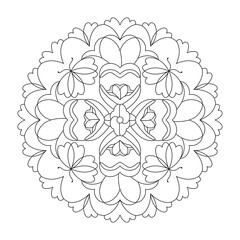 Fototapeta premium Mandala with hearts and butterflies. Anti-stress coloring page. Art Therapy. Vector illustration black and white.