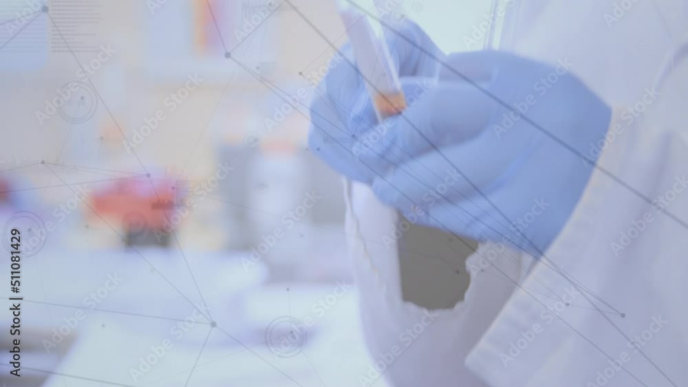 Poster animation of network of connections over hands of lab worker with samples