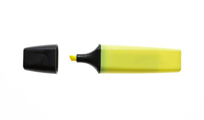 Highlighter yellow marker isolated on white. Overhead view of opened fluorescent pen