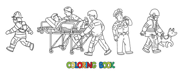 Profession coloring book set. Policeman, paramedics rescuer and fiteman
