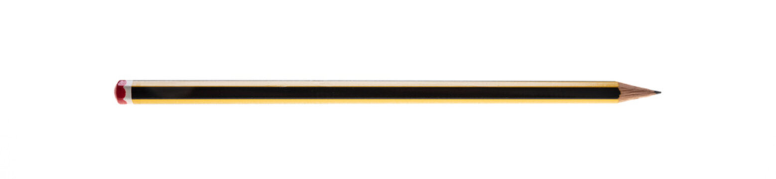Wooden pencil long yellow black color isolated on white. Overhead view of sharpened wood pen