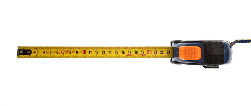 Tape measure isolated cut out on white background, overhead view