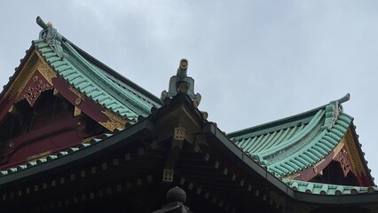 Fototapeta na wymiar Detail of Shinto shrine architectural details, “Kandamyojin” year 2022 June 15th. Rainy weekday in Tokyo Japan.