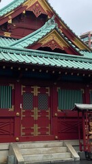 Detail of Shinto shrine architectural details, &ldquo;Kandamyojin&rdquo; year 2022 June 15th.  Rainy weekday in Tokyo Japan.