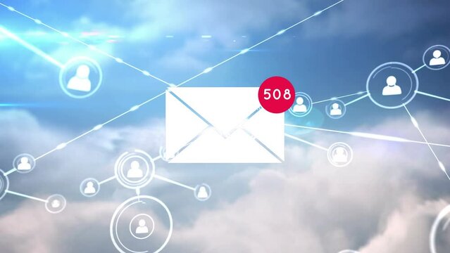 Animation of email over connections and cloudy sky